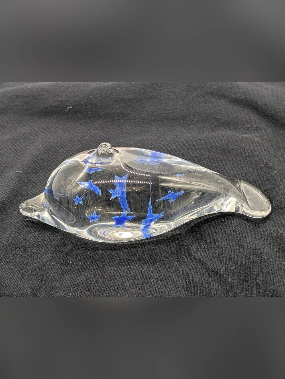 Vintage Hand Blown Art Glass Dolphin Figurine Paperweight Clear with Blue Stars